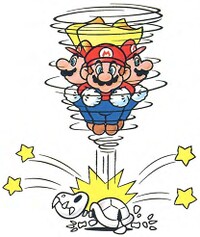 Artwork of Cape Mario doing a Spin Jump on a Dry Bones in Super Mario World