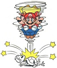 Artwork of Cape Mario doing a Spin Jump on a Dry Bones in Super Mario World