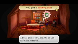 Mario getting the Routing Slip from Mayor Dour in Twilight Town of Paper Mario: The Thousand-Year Door for Nintendo Switch.