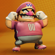 Wario in the pink team for Mario Strikers: Battle League.