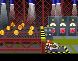 Mario near the items collectable by crane in X-Naut Fortress of Paper Mario: The Thousand-Year Door.