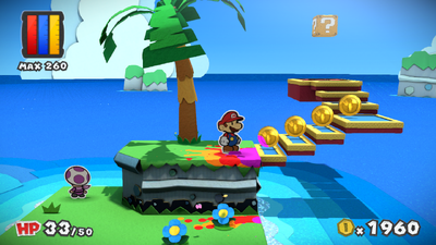 Mario near 4 Coins in Bloo Bay Beach of Paper Mario: Color Splash.