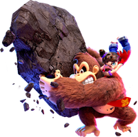 Artwork of Donkey Kong holding a giant rock while carrying Pauline in Donkey Kong Bananza