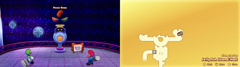 Mario and Luigi getting a Power Bean from the Concordia Hammer-Rally machine on Jellyfish Island from Mario & Luigi: Brothership.