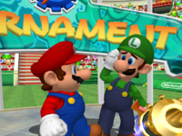 Mario stepping on Luigi's foot from Mario Power Tennis.