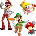 Waluigi (Bus Driver), Luigi (Lederhosen), Baby Peach (Cherub), and Baby Mario (Koala)