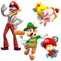 Waluigi (Bus Driver), Luigi (Lederhosen), Baby Peach (Cherub), and Baby Mario (Koala)