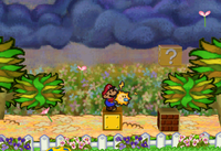 Image of Mario revealing a hidden ? Block in Flower Fields, in Paper Mario.