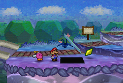 Mario finding a Star Piece under a hidden panel near the bridge in Shooting Star Summit in Paper Mario