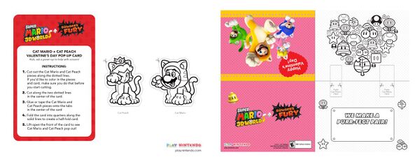 Printable Super Mario 3D World + Bowser's Fury Valentine's Day pop-up card featuring the game's playable characters in their Cat forms