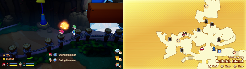 Mario and Luigi near a Sprite Bulb Nest on Bulbfish Island of Mario & Luigi: Brothership.