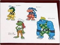 Concept artwork for playable Kremlings characters from Donkey Kong Barrel Blast: Kopter, an unused small Kremling named Karry (キャリー), an unused female Kremling named Kressa (クレッサ), and Krusha.