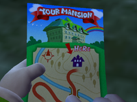 Luigi looking at his map after winning a "contest."