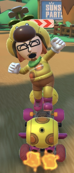 The Wiggler Mii Racing Suit performing a trick.