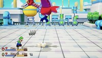 The Mega Snaptor attacking by flying above and dropping objects in Mario & Luigi: Brothership.
