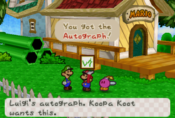 Mario receiveing an Autograph from Luigi near their house in Paper Mario.