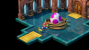 Birdo giving Mario a Castle Key in Nimbus Land of Super Mario RPG.