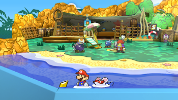 Mario getting the Star Piece at the corner of the beach in Keelhaul Key in the remake of the Paper Mario: The Thousand-Year Door for the Nintendo Switch.