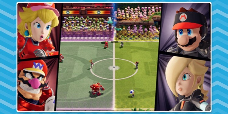 Collage of Mario Strikers: Battle League screenshots, shown alongside the fourth question of Nintendo Switch System Games Online Quiz