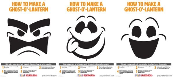 Printable sheets for Luigi's Mansion 3 ghost pumpkin stencils. The ghosts depicted in the stencils are a Hammer, Polterpup, and a Goob.