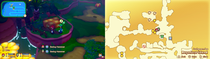 Mario and Luigi near wooden crates containing 4 Coins and a Mushroom on Raynforst Island of Mario & Luigi: Brothership.