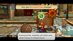 Mario getting the Lucky Day badge from Lucky in Rogueport of Paper Mario: The Thousand-Year Door for Nintendo Switch.