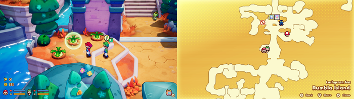 Mario and Luigi near 3 Plug Radishes containing 9 Coins on Rumbla Island of Mario & Luigi: Brothership.