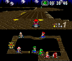 Mario racing on the course in Super Mario Kart