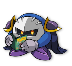 Meta Knight, depicted as Meta Knight from Kirby, holds a magazine
