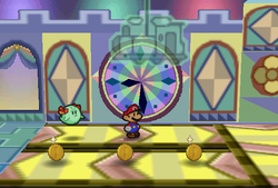 Mario finding 3 Coins at the start of the conveyor belts in Green Station in Shy Guy's Toy Box of Paper Mario.