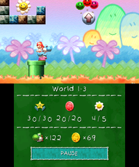 Smiley Flower 5: In a block enclosure above the pipe near the end of the level. Light-Blue Yoshi must first drop a nearby spring ball onto the ground, either by popping the Item Balloons that carry it with eggs or simply jumping off an enemy to it. He must then bounce off the spring ball to reach the Smiley Flower.