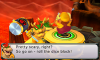 Wario about to roll a 6 in the Bowser Challenge in Bowser's Peculiar Peak.