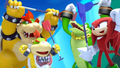Bowser, Bowser Jr., Vector and Knuckles celebrating after completing the event during the opening.