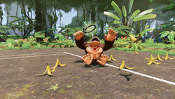 Donkey Kong slipping on a banana peel, from Mario Tennis Fever
