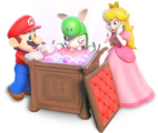 Mario, Rabbid Yoshi and Princess Peach opening a treasure chest