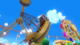 Characters riding on a Bowser airship attraction