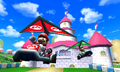 Mario and Luigi glide behind Princess Peach's Castle in Mario Circuit.