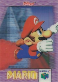 Artwork of a Mario on a Kellogg's trading card promoting Super Mario 64. Background is blurred due to lenticular printing.