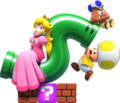 Group artwork of Princess Peach, Yellow Toad, and Blue Toad as a Goomba