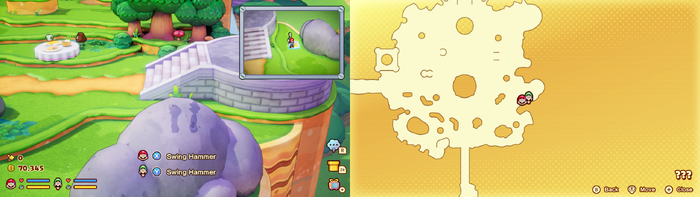 Mario and Luigi near a vent which is only seen on the Lakitu's camera containing 8 Coins in the illusionary Mushroom Kingdom area of Soli-Tree of Mario & Luigi: Brothership.