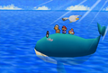 The whale transports Mario back to Toad Town.