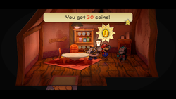 Mario getting 30 Coins from Mayor Dour in Twilight Town of Paper Mario: The Thousand-Year Door for Nintendo Switch.