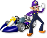Artwork of Waluigi with his standard kart from Mario Kart Wii