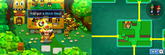 Bowser getting the Block Ring from Broque Monsieur in Dimble Wood of Mario & Luigi: Bowser's Inside Story + Bowser Jr.'s Journey.