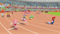 Mario, Sonic, Peach, Yoshi, Wario, Knuckles, Silver and Amy competing in 4x100m Relay.