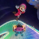 A Mii in the Toadette Mii Racing Suit performing a Jump Boost.