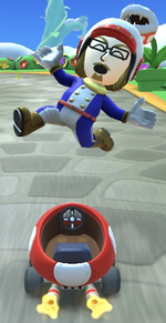 The Toad Mii Racing Suit performing a trick.