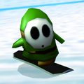 A green Shy Guy Snowboarder in Mario Kart Wii