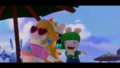 Rabbid Peach and Rabbid Luigi dancing during the beach party