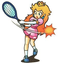 Artwork of Princess Toadstool playing tennis from Mario's Tennis.